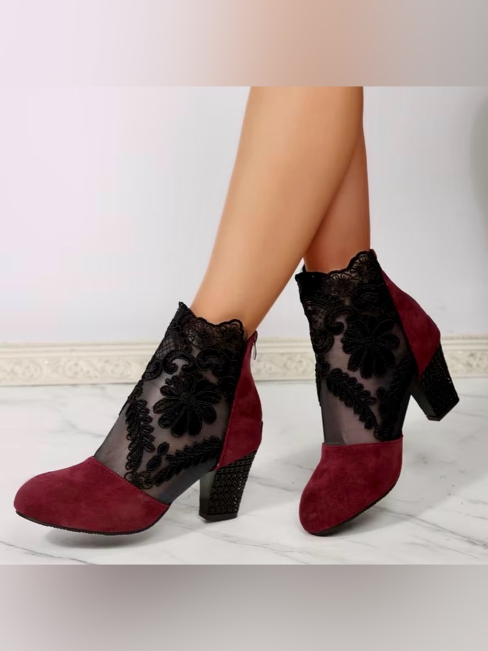 Women's Burgundy Lace Block Heel Ankle Boots